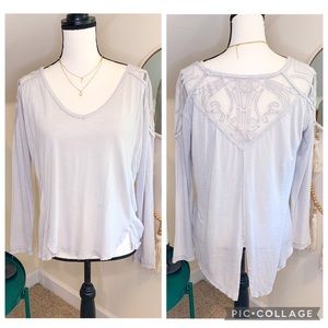 Free People Gatsby Light Gray Lightweight Long Sleeve Embroidered Boho Tunic Top